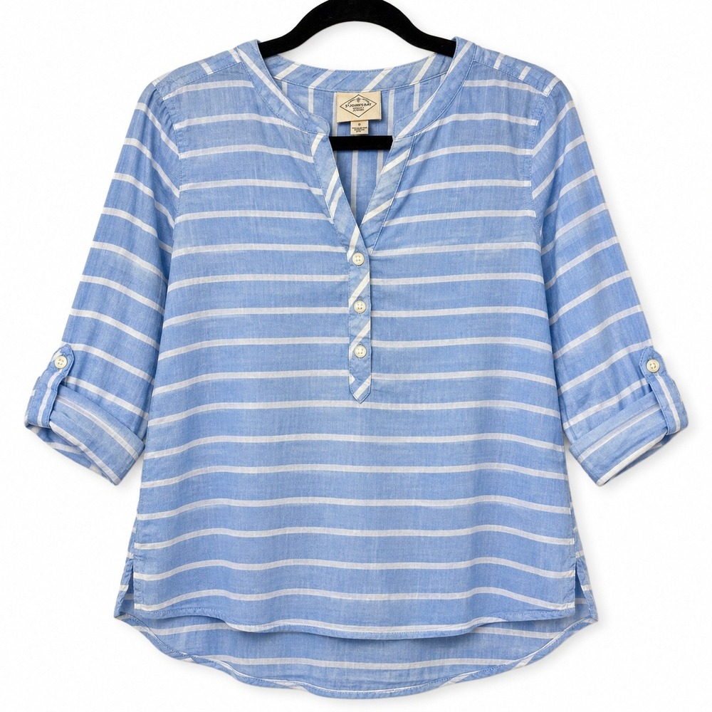 St Johns Bay Womens Blue White Striped Cotton Tunic Top 3/4 Roll Sleeve Size S